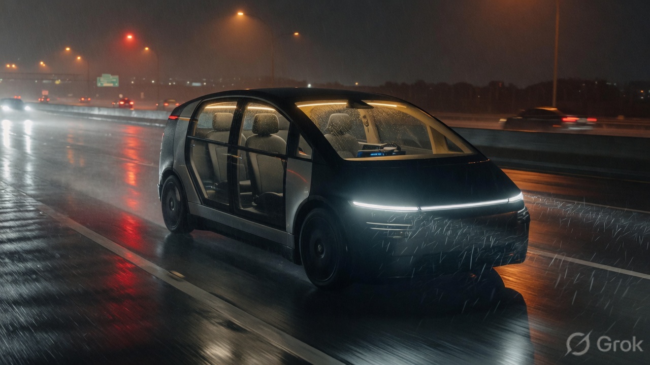 An empty autonomous car on a wet night highway