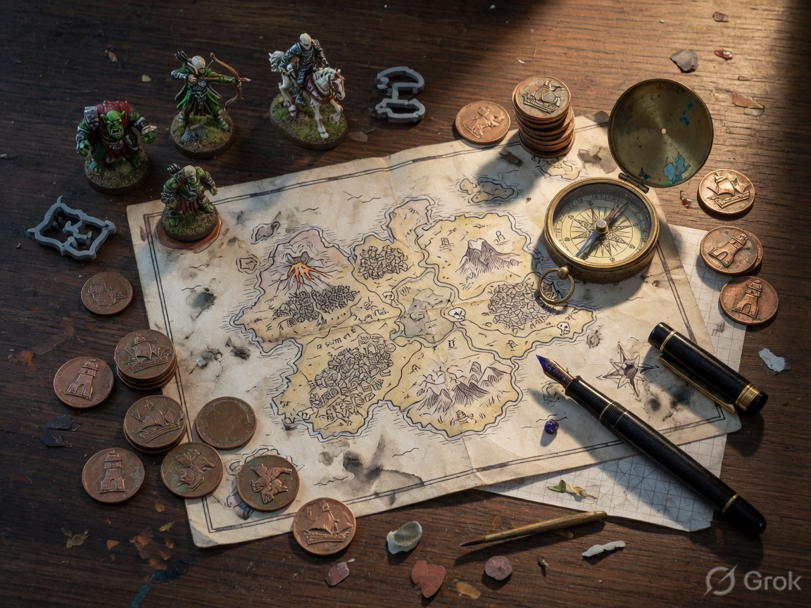Top-down desk with maps, miniatures, coins and a compass