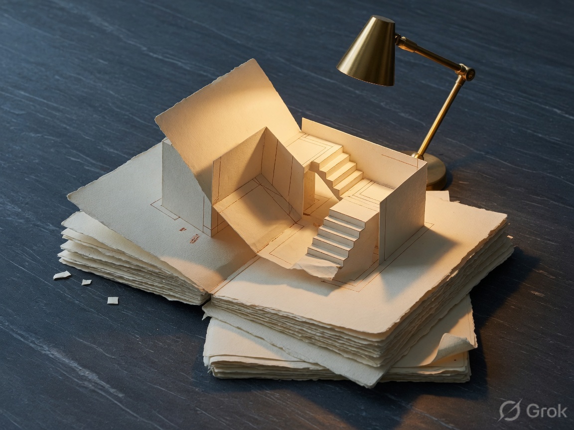 Cream paper unfolding into a small architectural model on slate