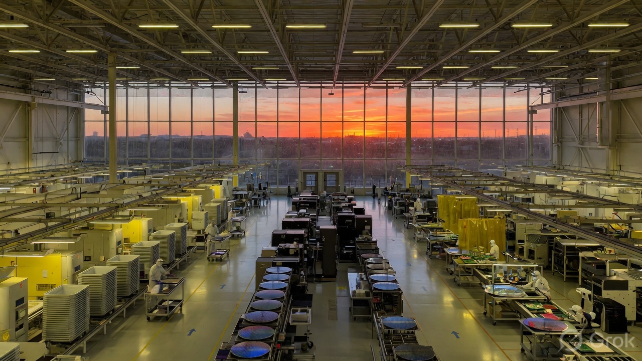 A vast semiconductor hall of wafers and yellow light, Texas sunset in the glass
