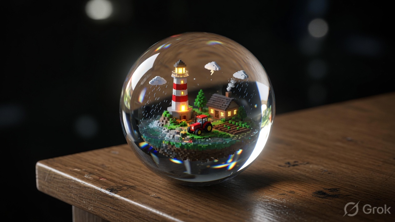 A glass sphere on a desk containing a tiny living island with a lighthouse and tractor