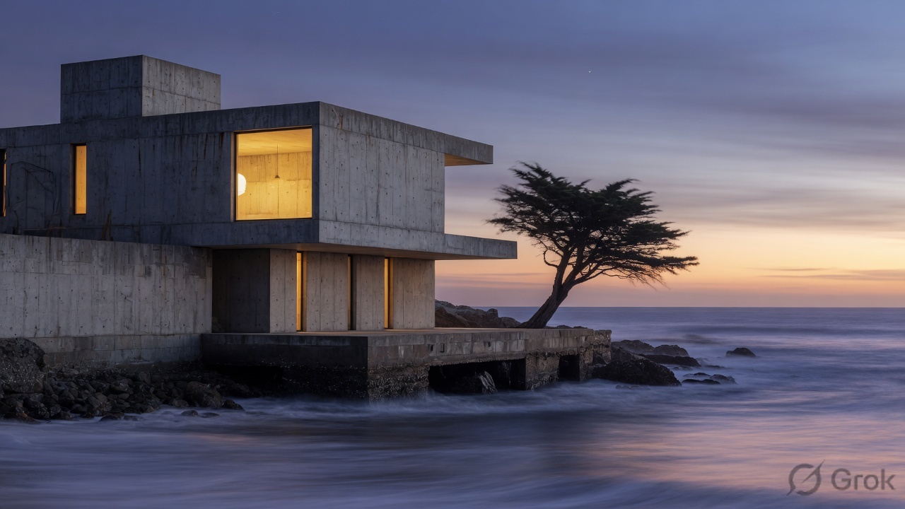 Poured-concrete house glowing at dusk beside the sea