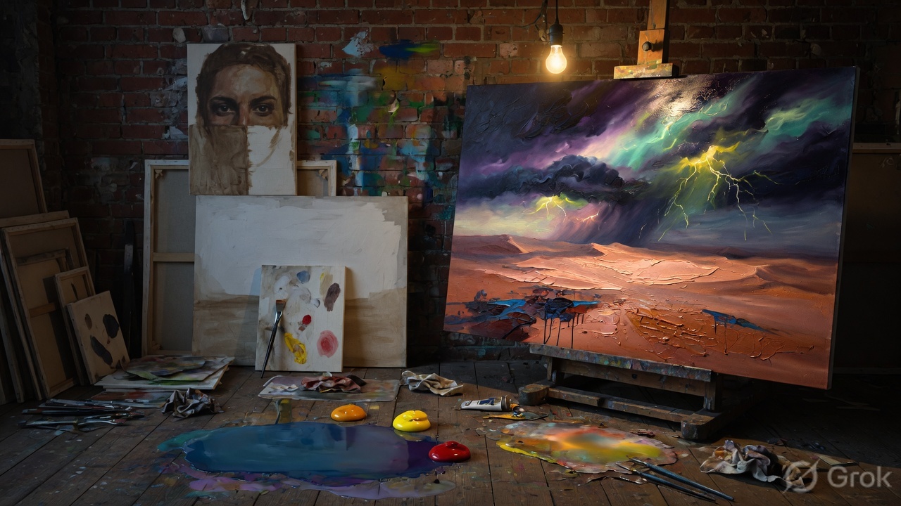 A night atelier with a storm painting itself on a large canvas