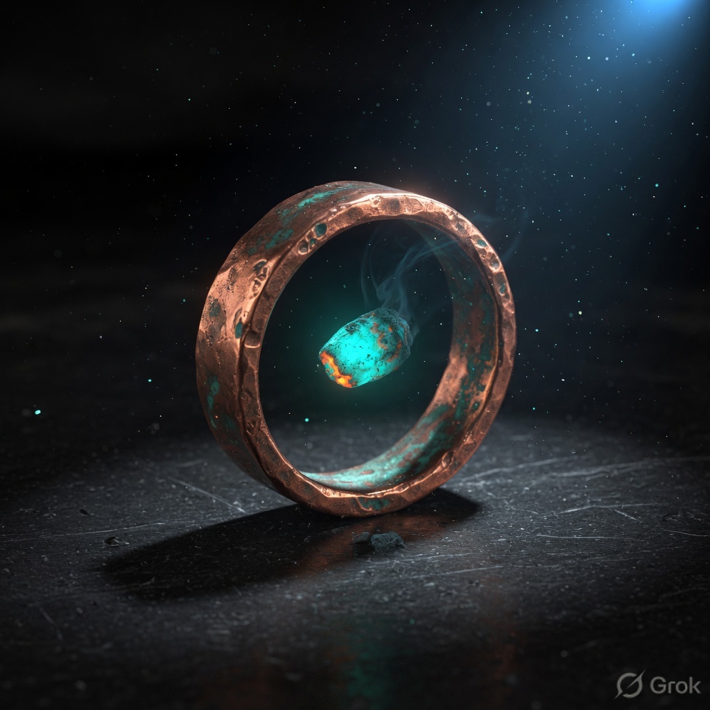Copper ring standing on black stone with a teal ember in its center