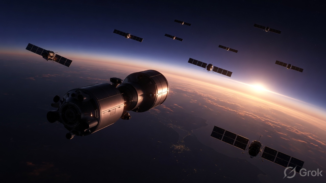 Dawn over Earth from orbit, a spacecraft and a thin constellation of satellites