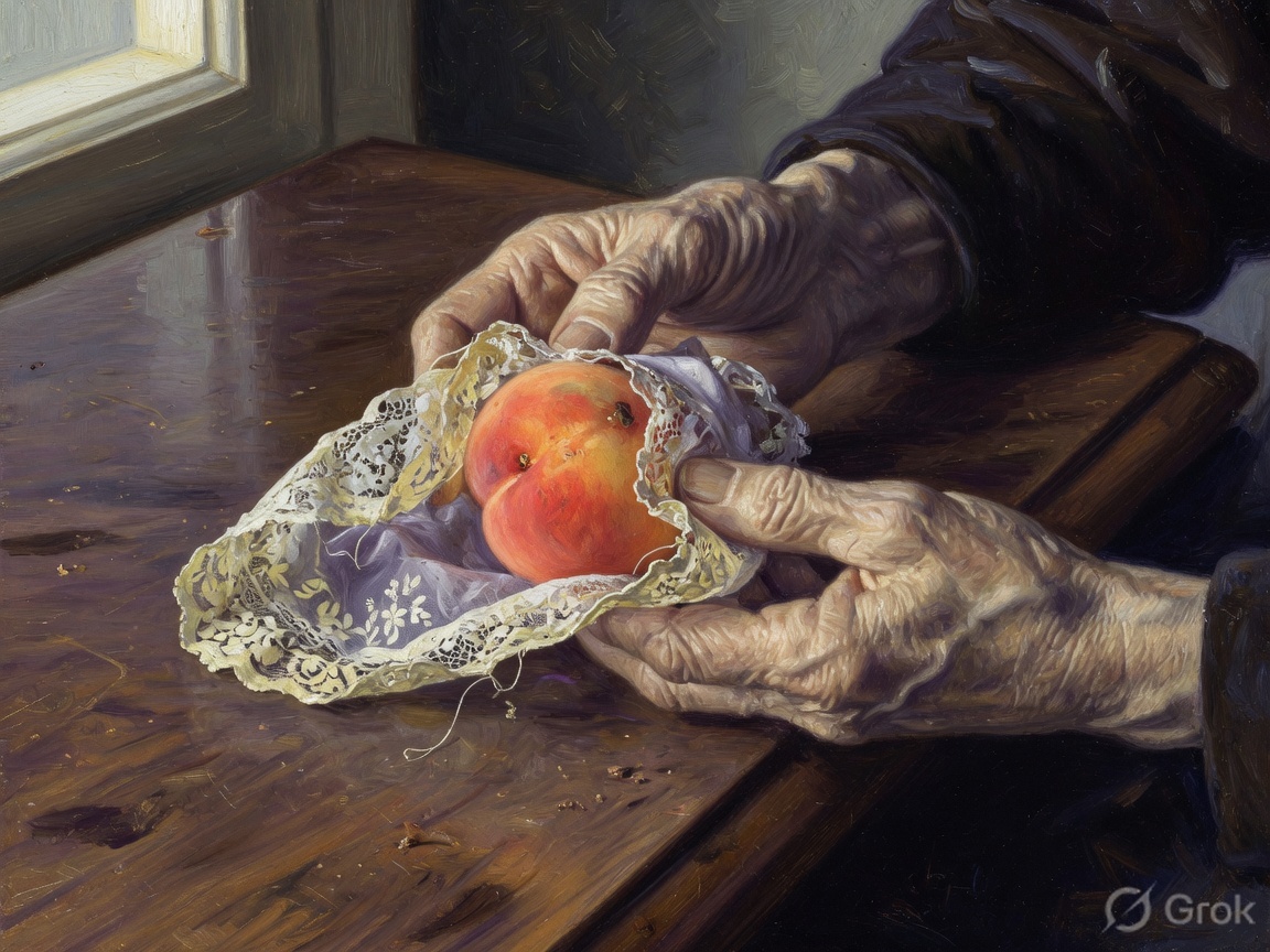 Oil painting of old hands holding a peach in a scrap of lace