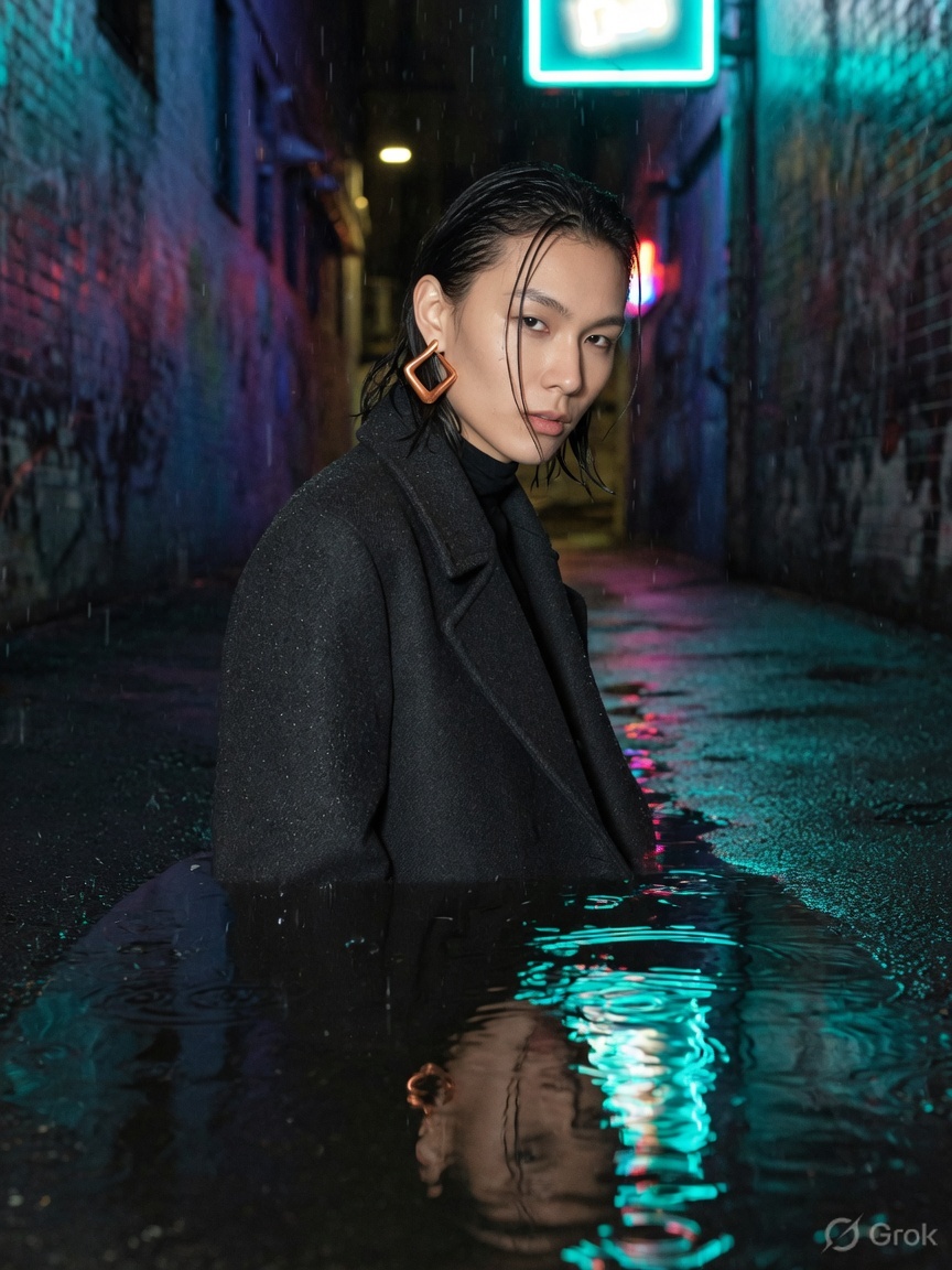 Androgynous figure in a dark coat standing in a rain-slick alley