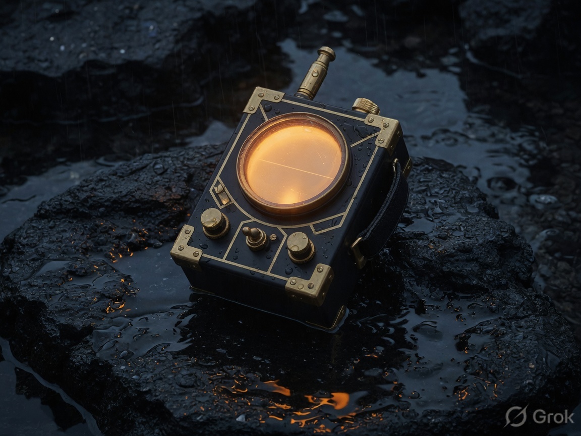 Matte black brass field radio on wet stone at night