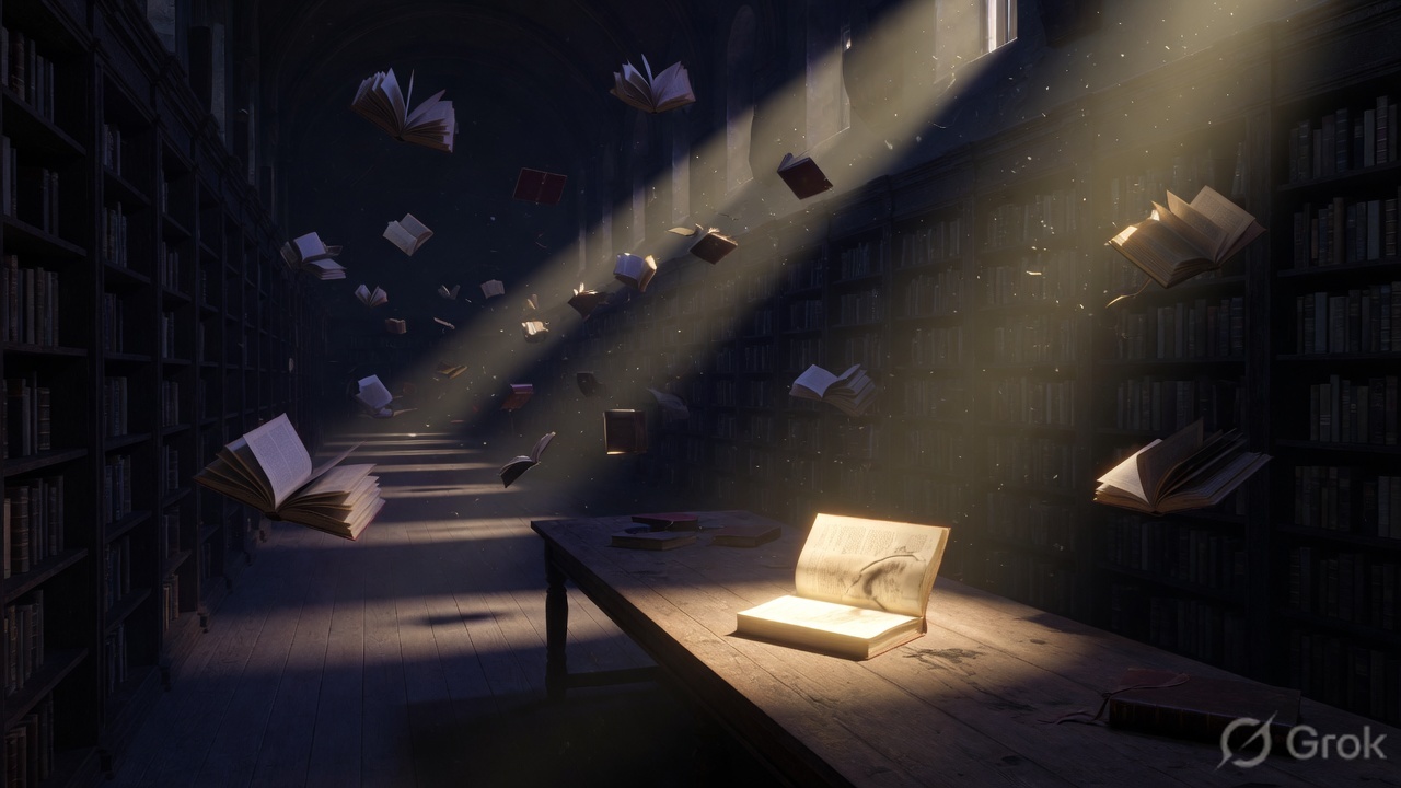 A dark library with books floating through shafts of gold light
