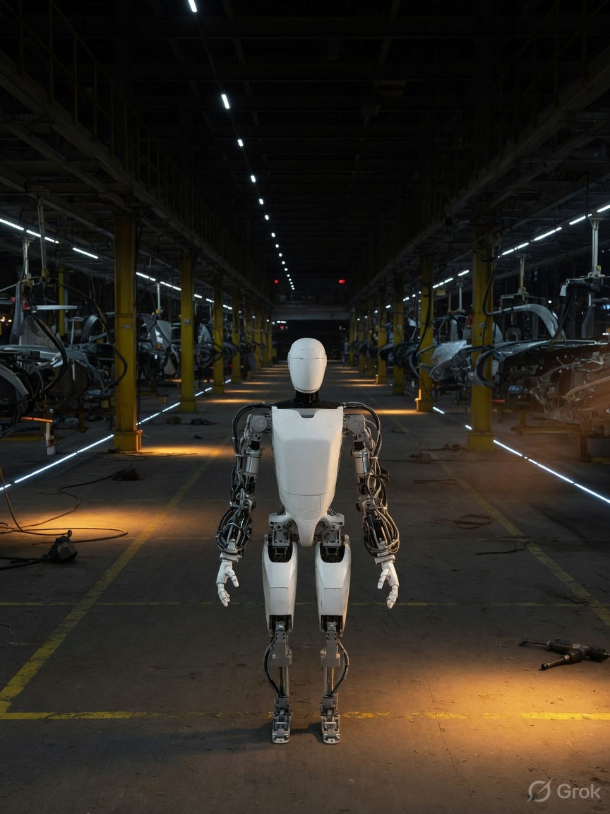 A humanoid robot standing in an empty factory aisle at night