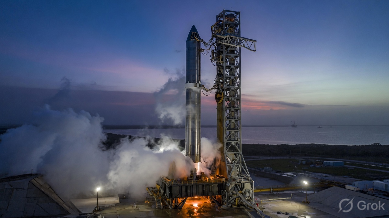 A stainless steel two-stage rocket on a coastal tower at dusk, steam at the base