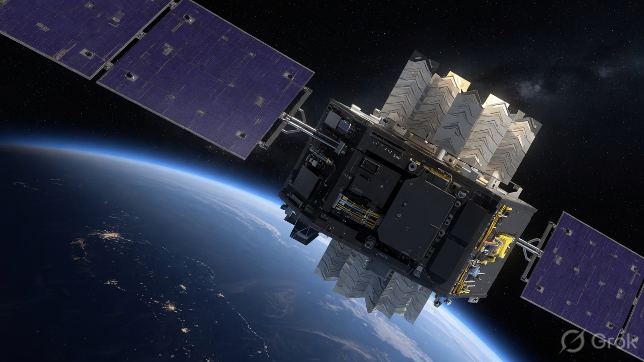 Close view of an orbital compute satellite against the curve of Earth