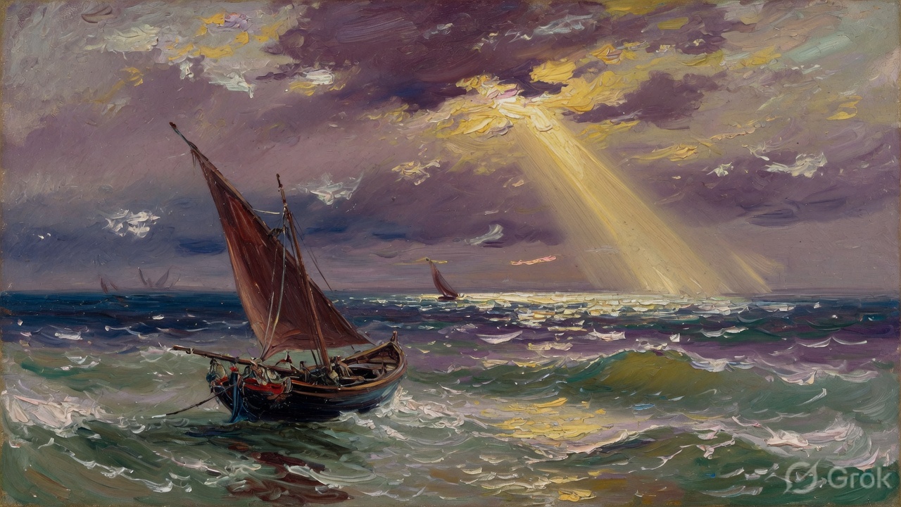 Romantic oil seascape of a fishing boat under a break of gold light