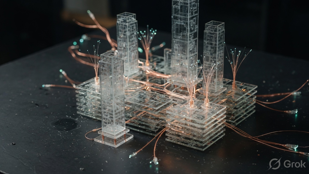 A glass city of software assembling on a dark workshop table