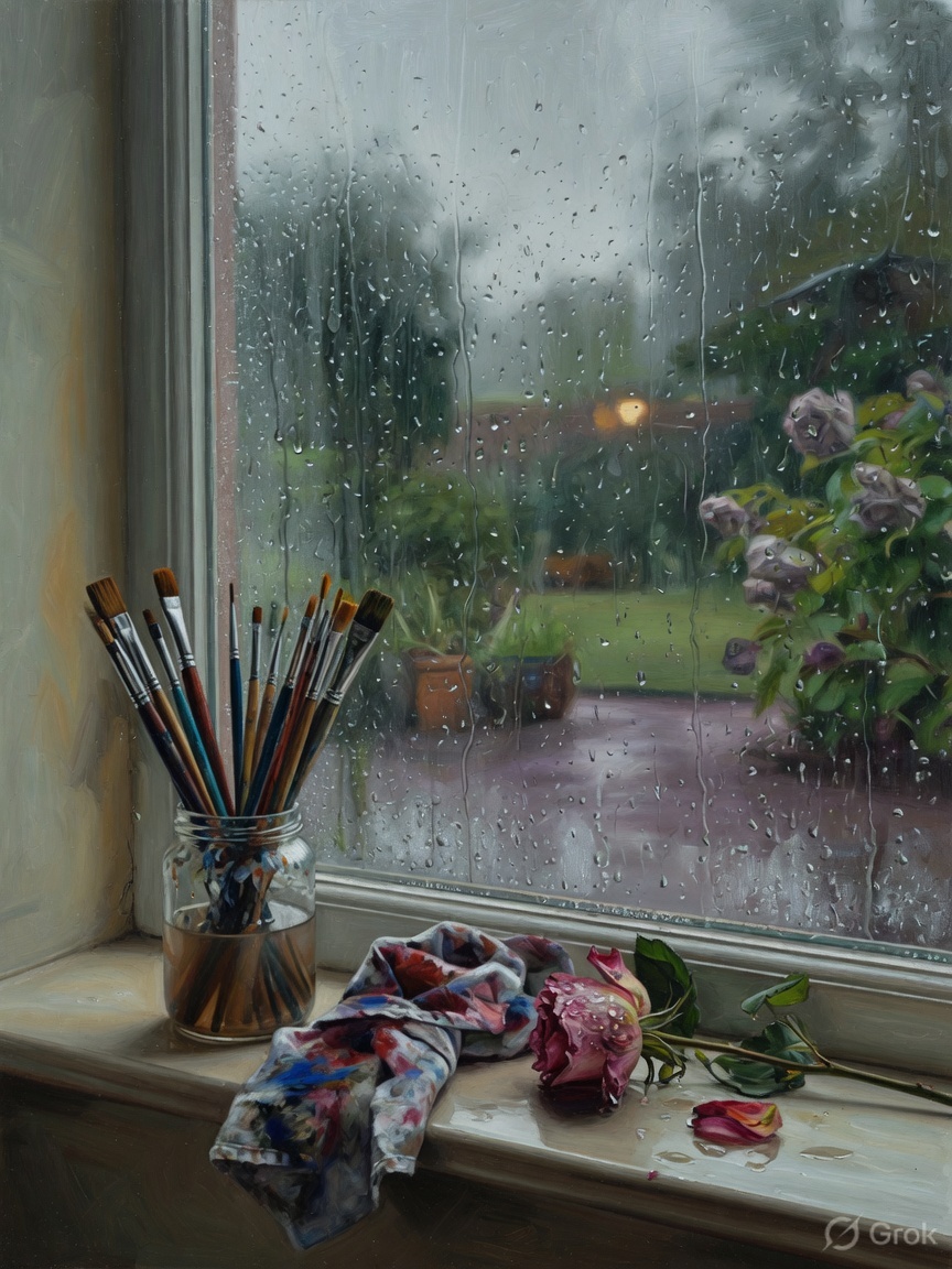 Oil painting of a rainy studio window with brushes in a jar and a fallen rose
